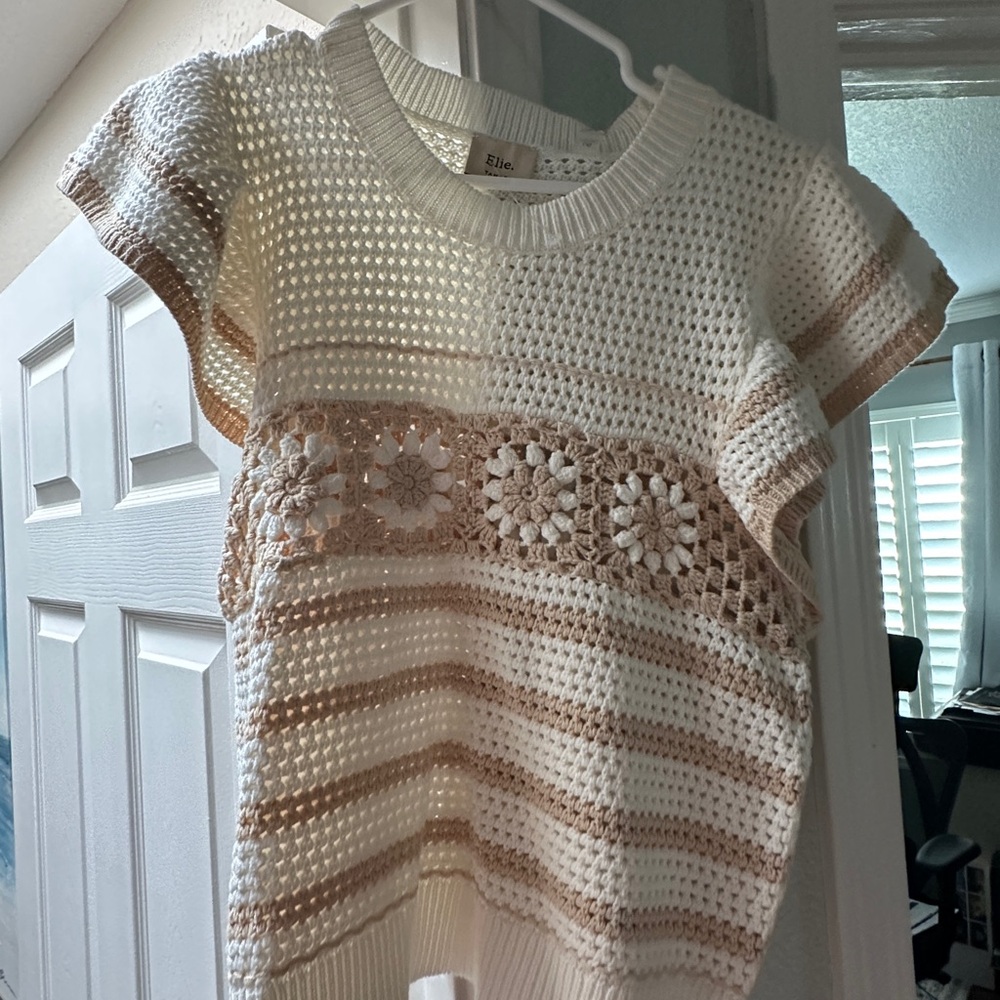 Elie Tahari Cream and Tan Crochet Sweater